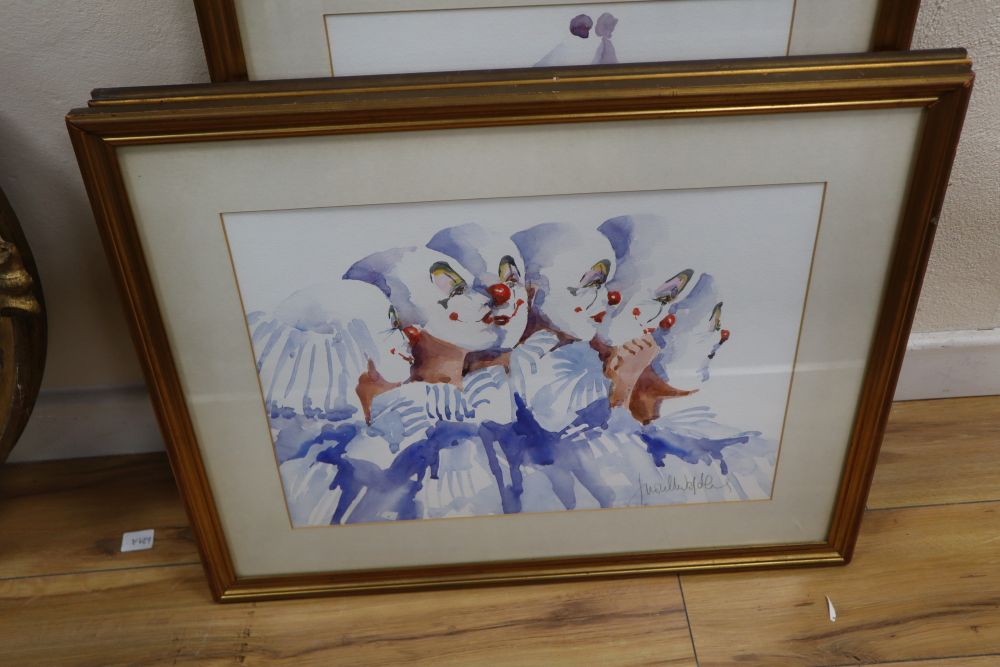 Judith Caulfield Walshe, five watercolours, Studies of clowns and puppets, signed, largest 45 x 33cm